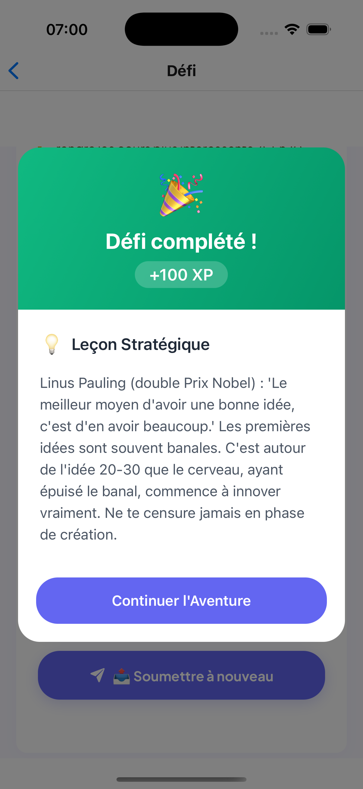Leçon stratégique validée dans l'app Apex